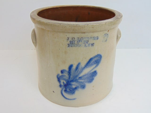 Stoneware crock, J.C. Losberg, 167 4th st Brooklyn, decorated with blue leaf, has chip inside, small (1 of 6)