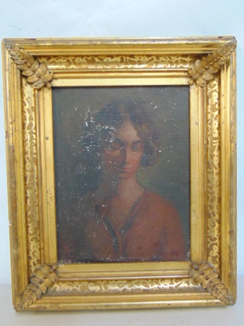 Painting, portrait girl, signed Monogram W.S. (Walter Shirlaw), oil on canvas, has condition issues, (1 of 5)