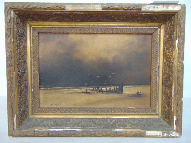 Painting, ship hull wreck on beach, signed Stuart (?), oil on board, frame has various chips, faint (1 of 5)