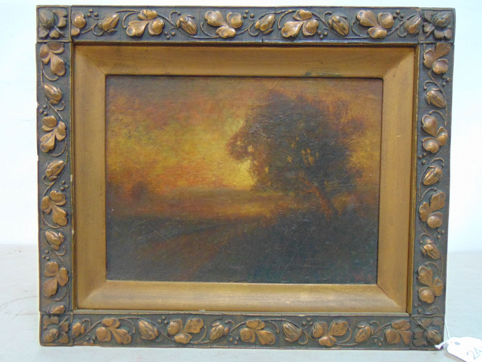 Painting, landscape with tree under sunset sky, signed "V.L.R.", oil on board, in decorative frame, (1 of 6)