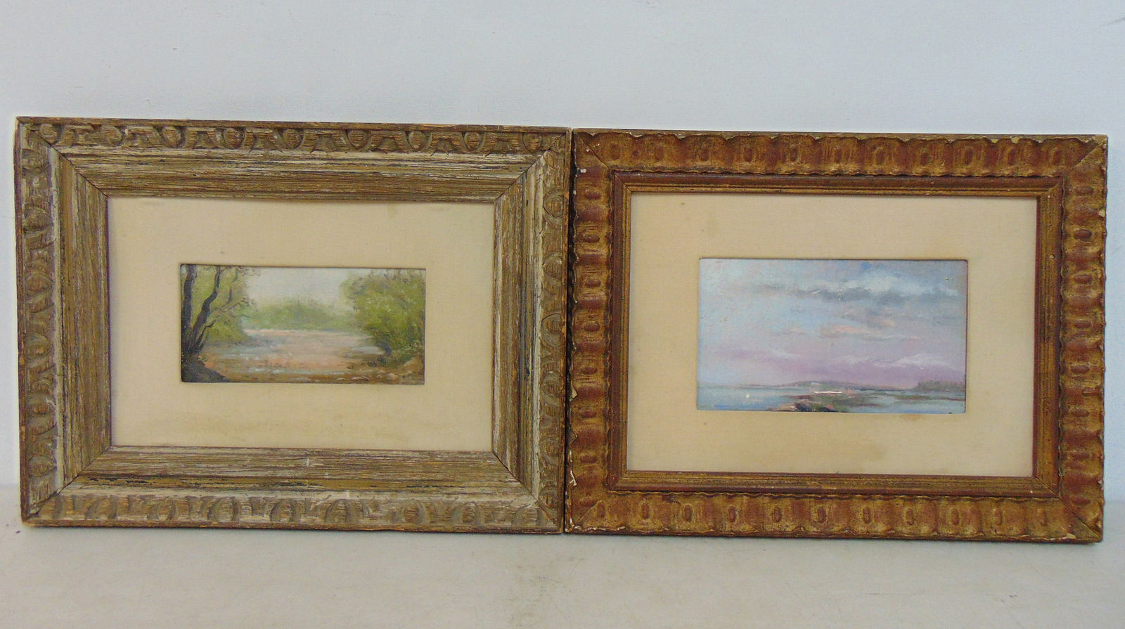 Pair small paintings, landscapes, unsigned, in carved wood frames, oil on board, 11.5" by 15.25" (1 of 6)