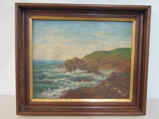 Painting, waves on rocky shore, signed illegibly, oil on board, in walnut frame, 14 5/8" by 17.25": Painting, waves on rocky shore, signed illegibly, oil on board, in walnut frame, 14 5/8" by 17.25"