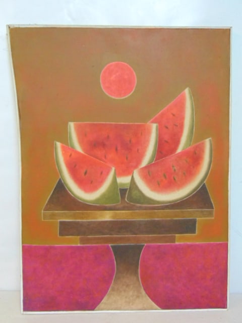 Painting, Watermelon on table, signed Gustavo Martinez, oil on canvas, 32" by 23.5", left side is: Painting, Watermelon on table, signed Gustavo Martinez, oil on canvas, 32" by 23.5", left side is irregular shaped, stretcher support broken, width various slightly, needs cleaning.