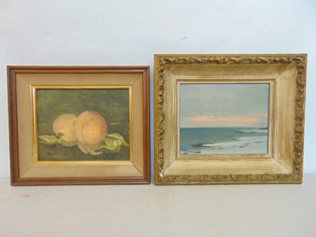 2 paintings, still-life & shore scene, by Louis J. Kunsch, oil on canvas board, peaches are 12" by (1 of 7)