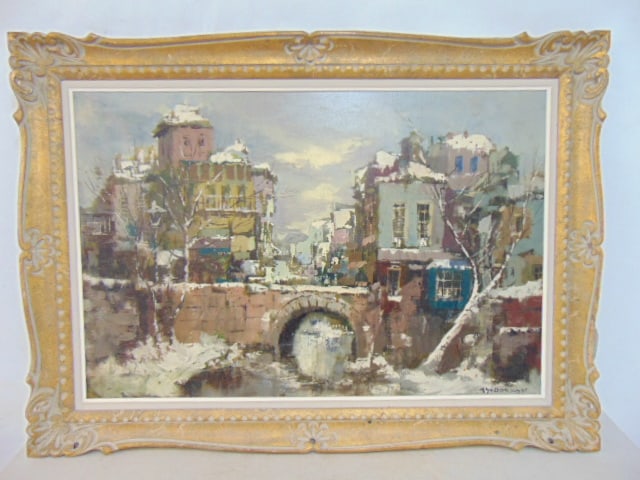 Painting, Dutch city scene, signed Th. van Oorschot, houses by stone bridge over canal, oil on: Painting, Dutch city scene, signed Th. van Oorschot, houses by stone bridge over canal, oil on canvas, 24" by 36", 31.25" by 43.25" framed