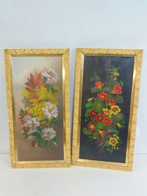 2 paintings, floral scenes, gilt framed, unsigned, oil on canvas, 24" by 11", framed size 26 7/8" by (1 of 4)