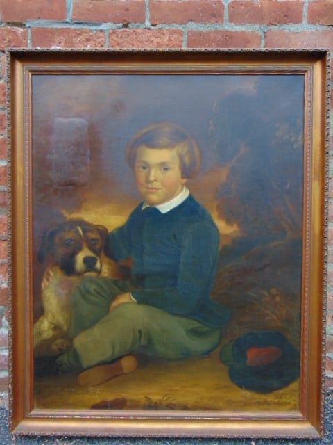 Painting, young boy with dog, unsigned, oil on canvas, early 19th Century, old patch repair, canvas (1 of 6)