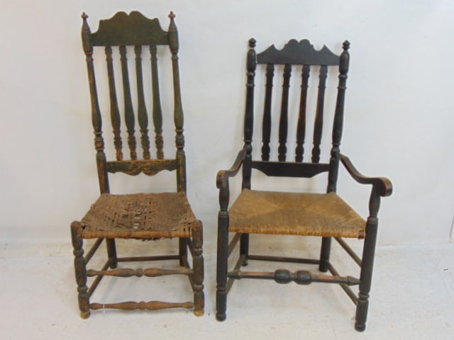 2 antique Bannister back chairs, one arm one side, rush & woven seat, side chair is 45.75" tall, arm (1 of 9)