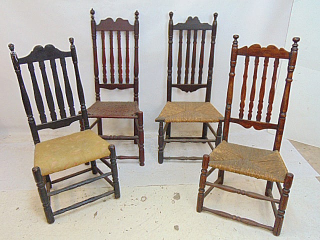 Assembled set of 4 antique Bannister back chairs, fabric, rush seats, tallest chair is 44" (1 of 10)