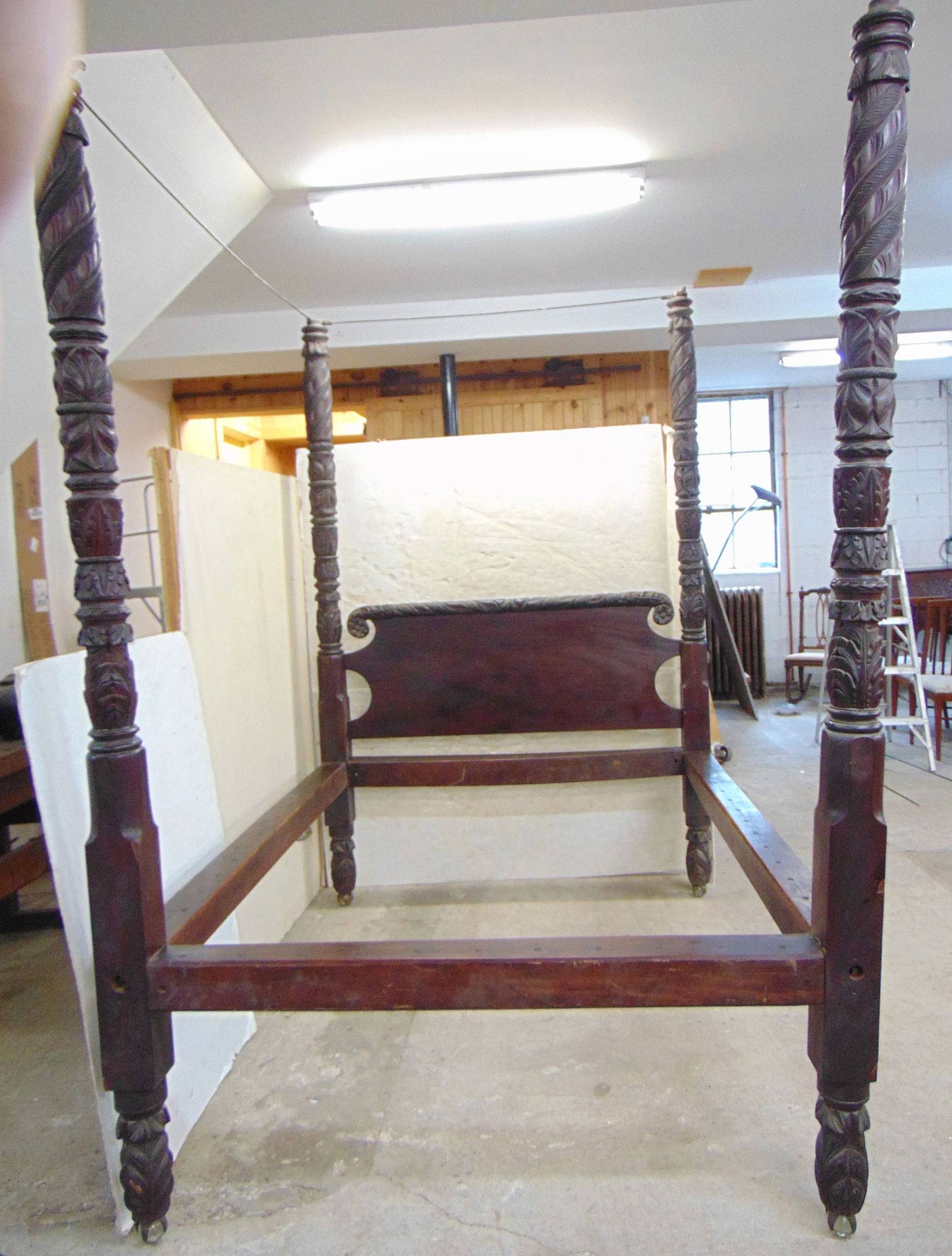 Empire acanthus carved 4 poster mahogany bed, bed is 81" by 60", height is 93", one rail has loose (1 of 7)