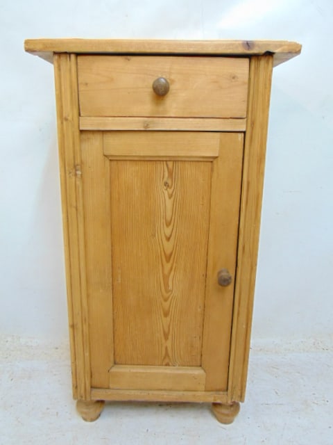 Stripped pine one drawer commode, single door, cabinet is 18.75" wide, 13.5" deep, height is 32.25" (1 of 4)