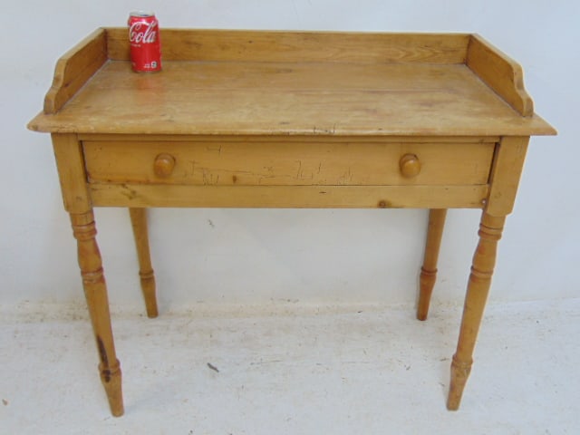Stripped pine single drawer washstand with backsplash, stand is 36" by 18", height is 32" (1 of 3)
