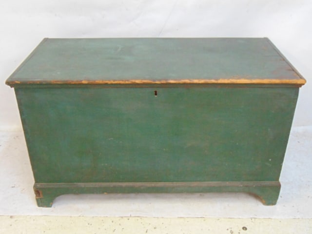Country pine blanket chest in blue / green paint, 42" long, 20" deep, height is 23.5" (1 of 7)
