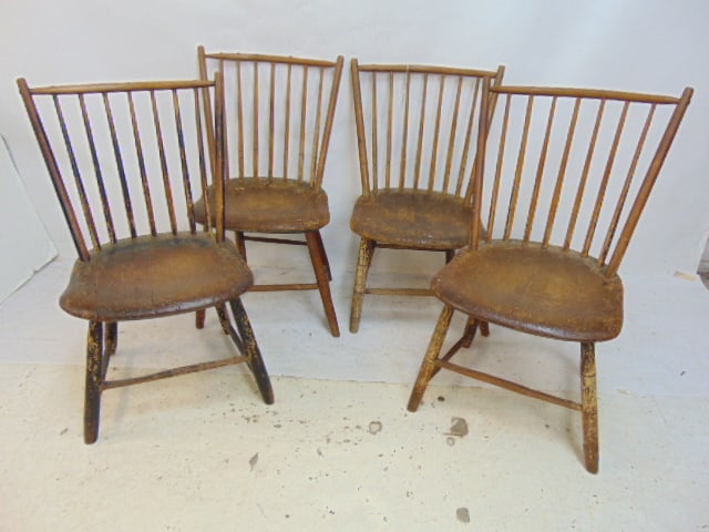 Set 4 country spindle fan back plank seat chairs, one chair has broken front stretcher, one is (1 of 4)