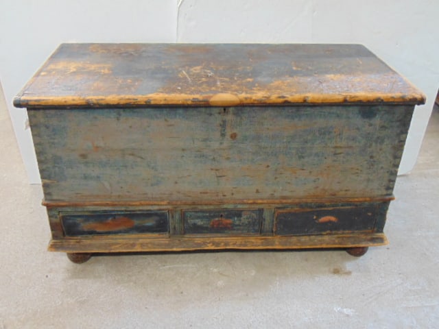 Large lift top blanket chest in old blue paint with three small drawers, on ball feet, chest is (1 of 6)