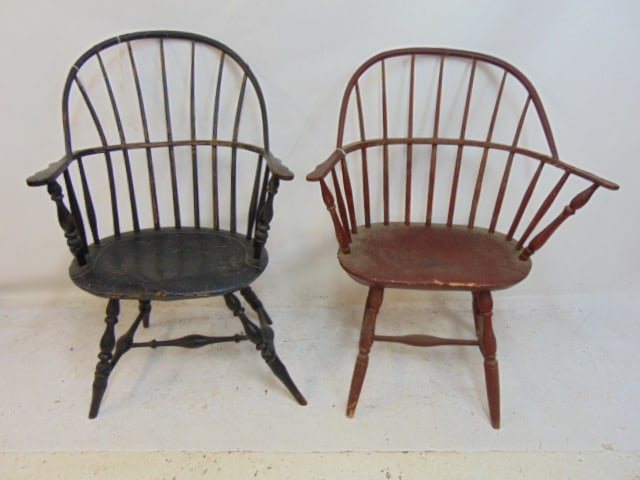 Two early Windsor armchairs, one in old red paint, other in black paint, red chair is 29" wide, (1 of 10)