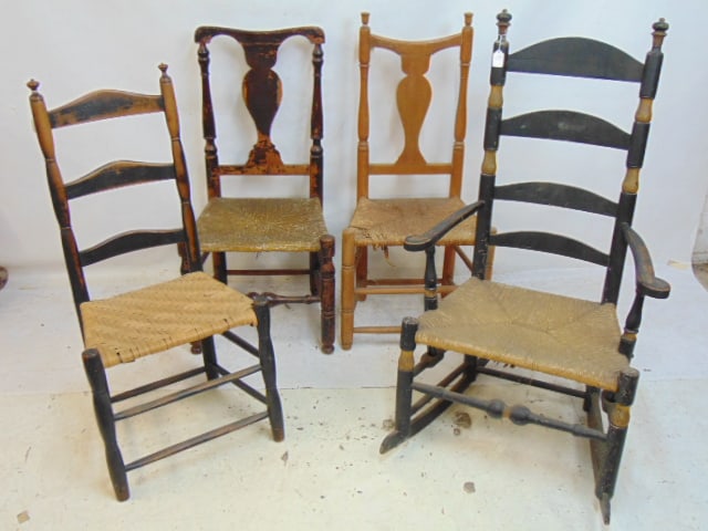 4 antique country chairs, 2 ladder back chairs, two T back chairs, rush & woven seats, one arm, (1 of 9)
