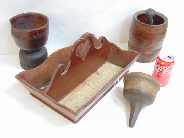Country lot, cutlery tray, wood funnel & mortar & pestle & mortar (as is), tray is 15.5" by 10.5" (1 of 4)