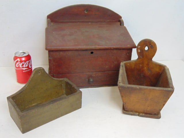 3 country pine wall boxes, two in old paint, large lidded wall box with drawer in red paint is (1 of 5)