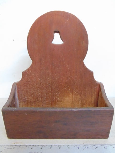 Early pine wall box in old red paint, with small bell shaped cut out, 11 7/8" wide, 4.5" deep, (1 of 7)