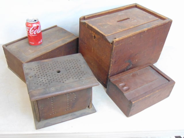 3 pine sliding lid boxes & foot warmer, largest box is 15" by 9.75" by 10.5", smallest box is 9.75" (1 of 7)