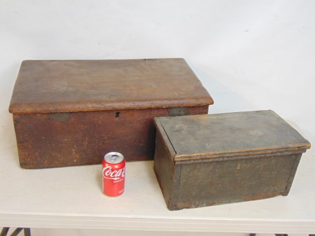 2 pine boxes, one in old paint, small lidded box in grey paint is 16" by 8.5", height is 7.75", (1 of 7)