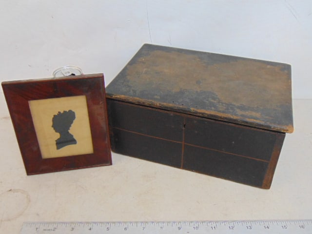 Small country pine box & silhouette, box in old paint, worn lid, 11.5" by 8", height is 5", inside (1 of 6)