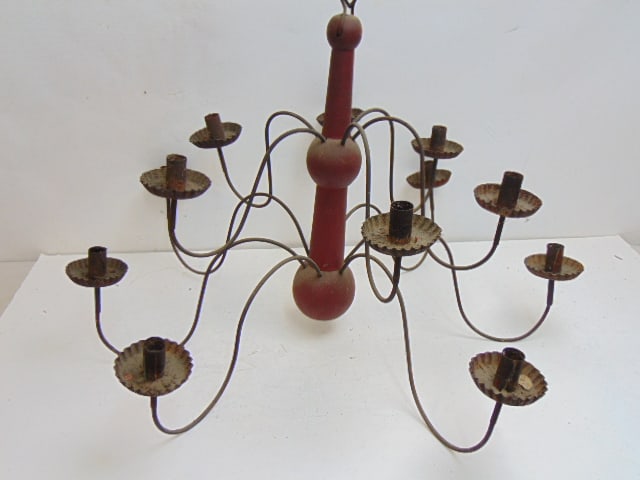 Primitive country tole & wood hanging candle fixture, chandelier, in red paint, 12 arms, 17" tall, (1 of 4)