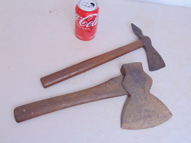 Early ax & tomahawk, wood handles, ex is 14.5" long, tomahawk (? ax ?) is 13.5" long (1 of 4)