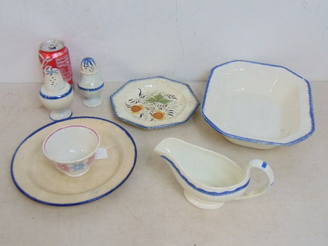 Lot ceramic, stoneware, Leeds & other, includes gravy boat, 2 shakers, plates & large bowl, bowl is (1 of 5)