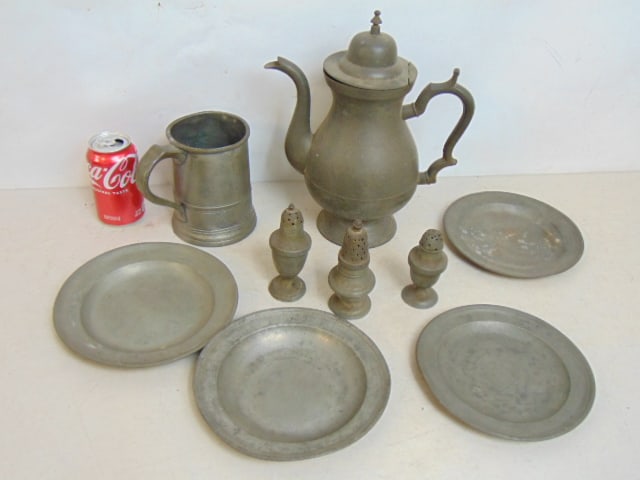 Lot early Pewter, engraved tankard, tea pot, 3 shakers, teapot by A. Porter, height is 12", dented & (1 of 5)