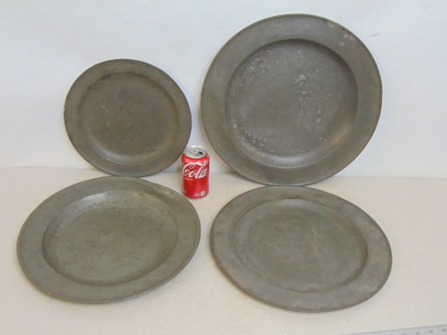 4 Pewter plates, chargers, plate 11 7/8", marked Townsend's, charged, diameter 16", no marks, (1 of 5)
