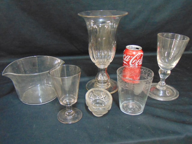 6 pieces of early clear glass, 19th Century Celery vase, wine rinser, etched tumbler glass, small: 6 pieces of early clear glass, 19th Century Celery vase, wine rinser, etched tumbler glass, small cut crystal bowl, water goblet & small stem