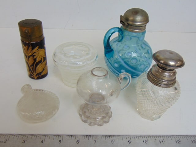 6 piece glass lot, small jar with white swirl decoration, miniature clear glass finger oil lamp (no (1 of 9)