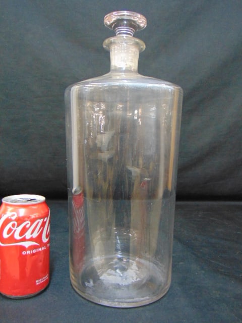 Early large glass jar, bottle with stopper, clear glass, 6" wide, height is 14.25" (1 of 4)