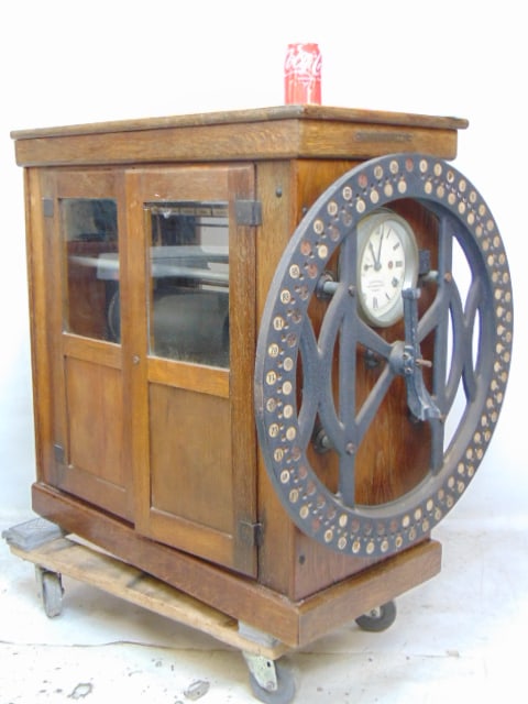 Large International Time Recording clock, London, in oak cabinet, veneer damage to top, as found, (1 of 8)