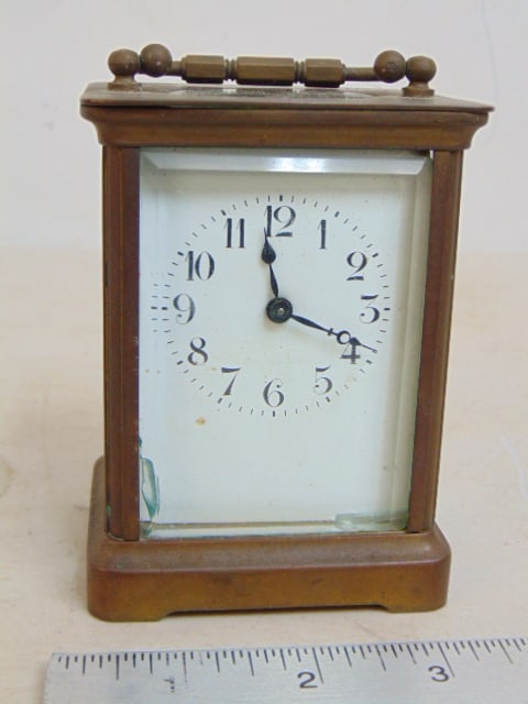Small carriage clock, made in France, front & rear glass chipped, brass case, 3 1/8" by 2.5", height (1 of 4)