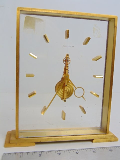 Jaeger-LeCoultre brass & glass skeleton clock, for Dunhill, 7" wide, 1.75" deep, height is 7 7/8" (1 of 4)