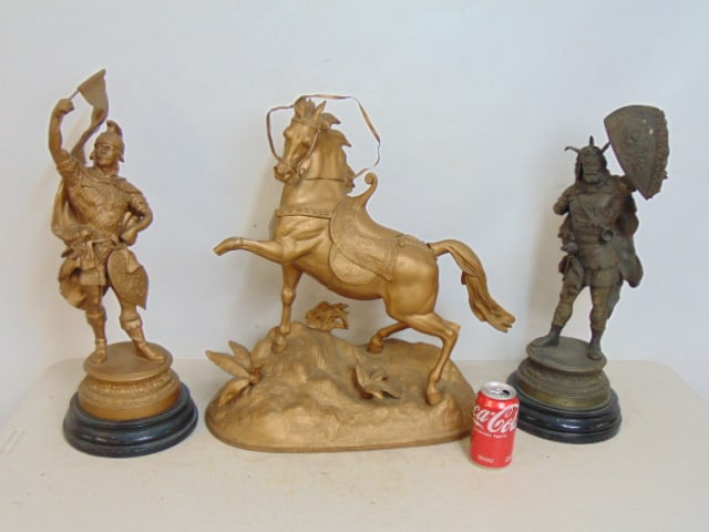3 Spelter figural, Viking, Horse & man in Roman tunic holding flag, from Beacon Engine firehouse, (1 of 7)