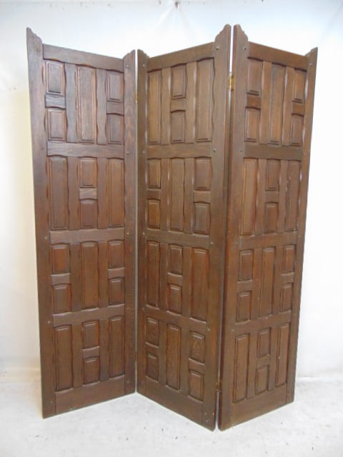 Oak arts & crafts style 3 panel screen, double sided, with decorative raised panels, each panel is (1 of 4)