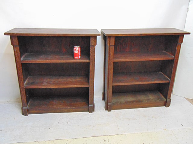 Pair oak open front bookcases, arts & crafts style, rigid shelves, each cabinet is 33" by 12", (1 of 4)