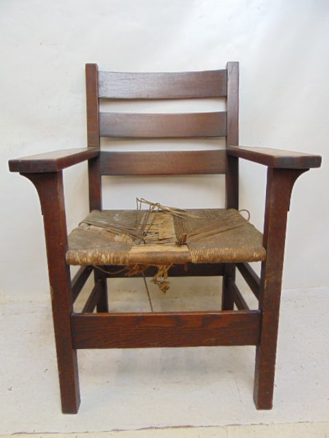 Early Gustav Stickley arts & crafts armchair with rush seat, seat as is, chair is 27" wide, 21.5" (1 of 4)