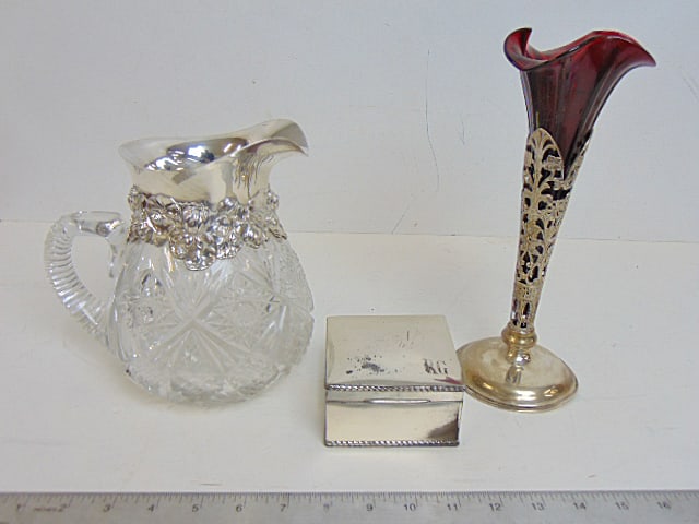 Silver lot, hallmarked box, crystal pitcher with sterling rim & sterling vase with (as is), red (1 of 6)