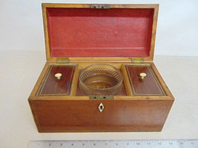 Inlaid tea caddy, with crystal insert, inlaid interior lids, interior lid covered with red leather, (1 of 6)