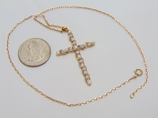 Jewelry. 14kt diamond & pearl cross pendant/necklace, 2.28 grams chain & 14k cross 4.35, both tested (1 of 4)