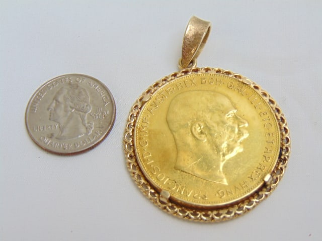 Jewelry. Gold Austrian 1915 coin w/ gold bezel & large gold bail, 39.99 grams, bail & bezel tested (1 of 6)