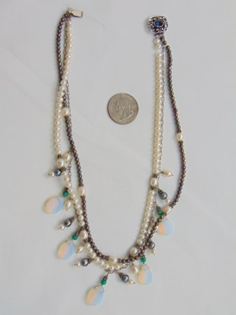 Jewelry. Triple strand moonstone & pearl necklace, 9" length clasp hallmark "metal": Jewelry. Triple strand moonstone & pearl necklace, 9" length clasp hallmark "metal"