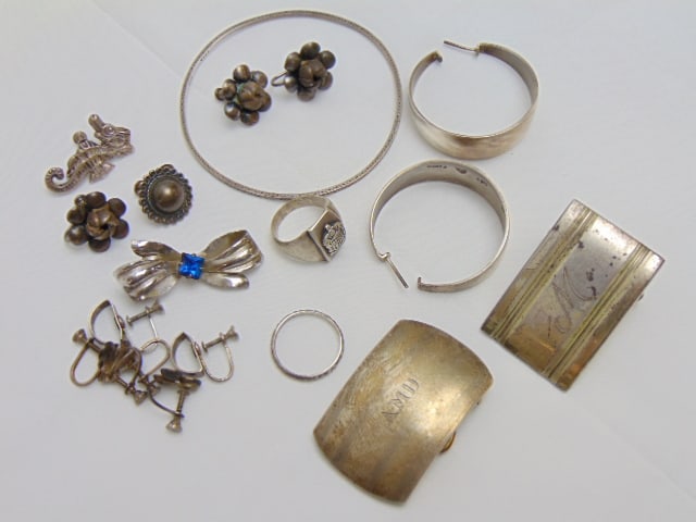 Jewelry. Sterling misc. lot 2.80 troy oz does not include bow pin with blue glass, Mexico earrings, (1 of 4)