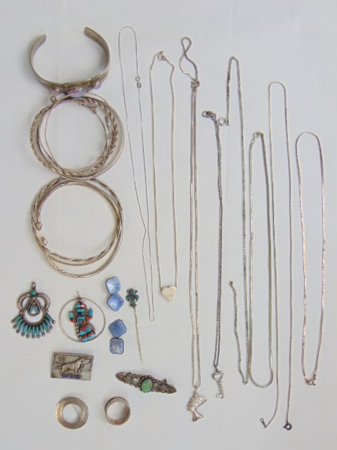 Jewelry. Sterling grouping to include bangles, cuff, ring, pendants/pins, chains, Native American, (1 of 4)