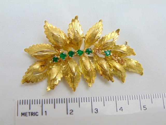 Jewelry. 18kt gold leaf pin w/ 6 small emeralds, one missing, 10.85 grams, hallmark 750, 2" x 1 3/8" (1 of 4)